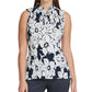 DKNY Women's Pleated Tie Floral Sleeveless V Neck Top Blue Size Large