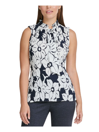 DKNY Women's Pleated Tie Floral Sleeveless V Neck Top Blue Size Large