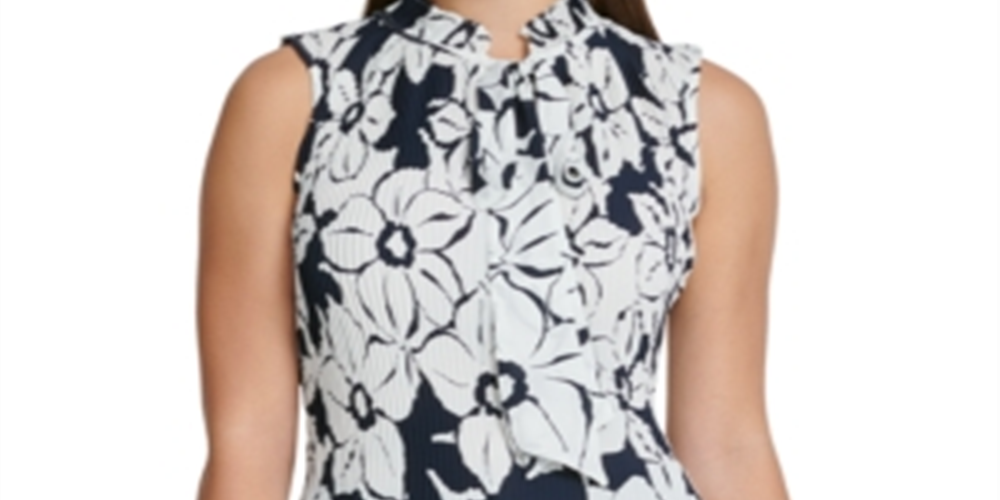 DKNY Women's Pleated Tie Floral Sleeveless V Neck Top Blue Size Large