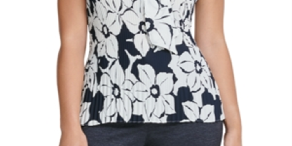 DKNY Women's Pleated Tie Floral Sleeveless V Neck Top Blue Size Large