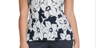DKNY Women's Pleated Tie Floral Sleeveless V Neck Top Blue Size Large
