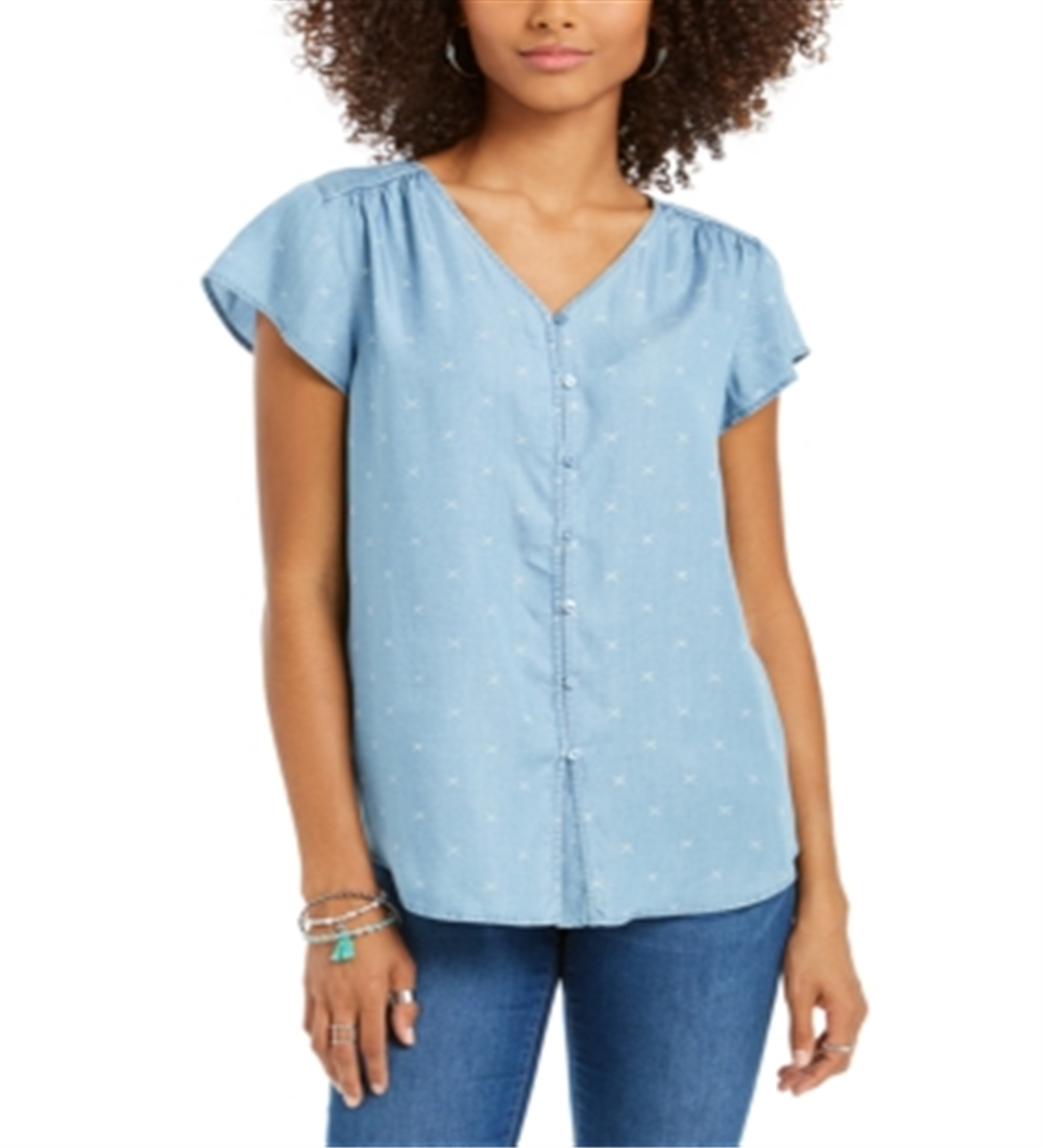 Style & Co Women's Printed Button Down Top Blue Size X-Large