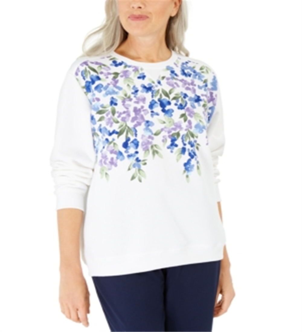 Karen Scott Women's Printed Fleece Top White - Blue Floral Size Large