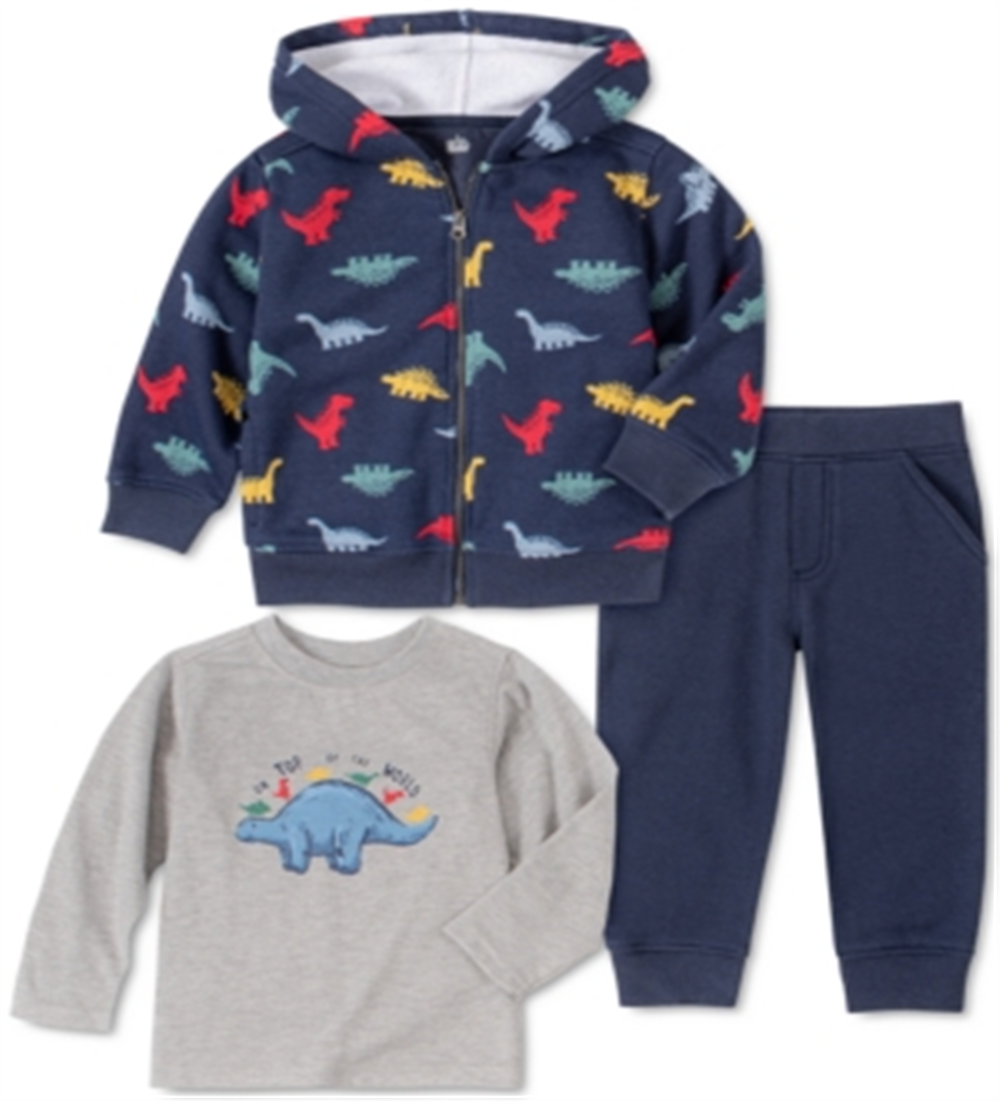 Kids Headquarters Baby Boy's 3 Pc Dinosaur Fleece Hoodie Jogger Pants & Long Sleeve T-Shirt Set Navy Size 3-6MOS