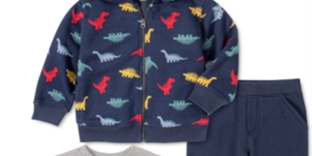 Kids Headquarters Baby Boy's 3 Pc Dinosaur Fleece Hoodie Jogger Pants & Long Sleeve T-Shirt Set Navy Size 3-6MOS