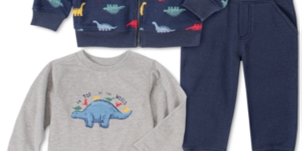Kids Headquarters Baby Boy's 3 Pc Dinosaur Fleece Hoodie Jogger Pants & Long Sleeve T-Shirt Set Navy Size 3-6MOS