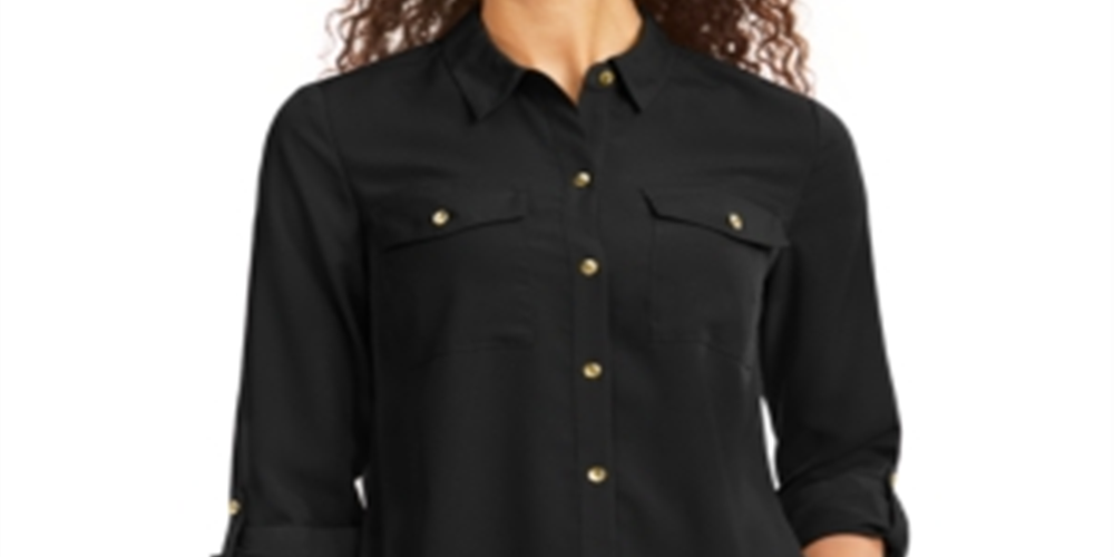 Charter Club Women's Solid Button up Shirt Black Size Petite S