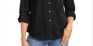 Charter Club Women's Solid Button up Shirt Black Size Petite S