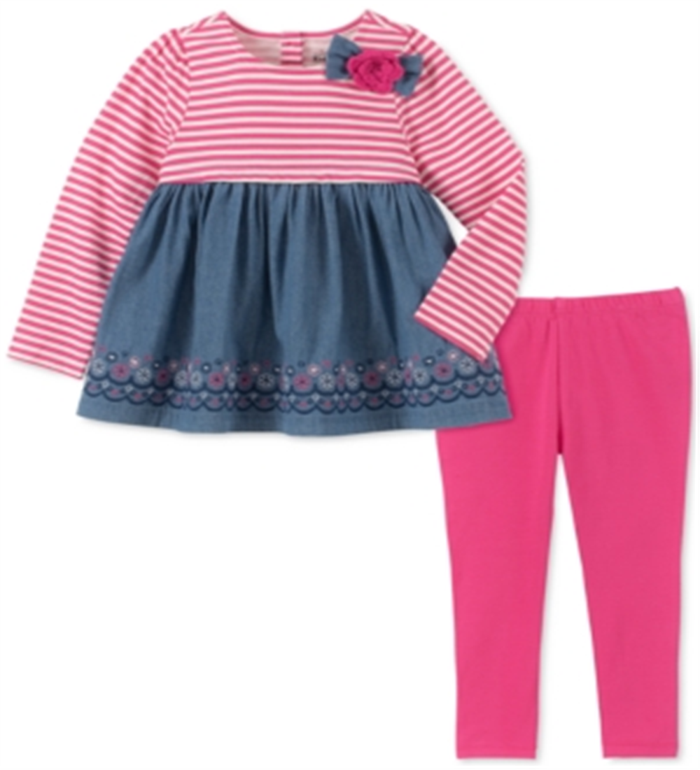 Kids Headquarters Girl's Stripe Denim Contrast Long Sleeve Top & Pants Pink Size 18MOS