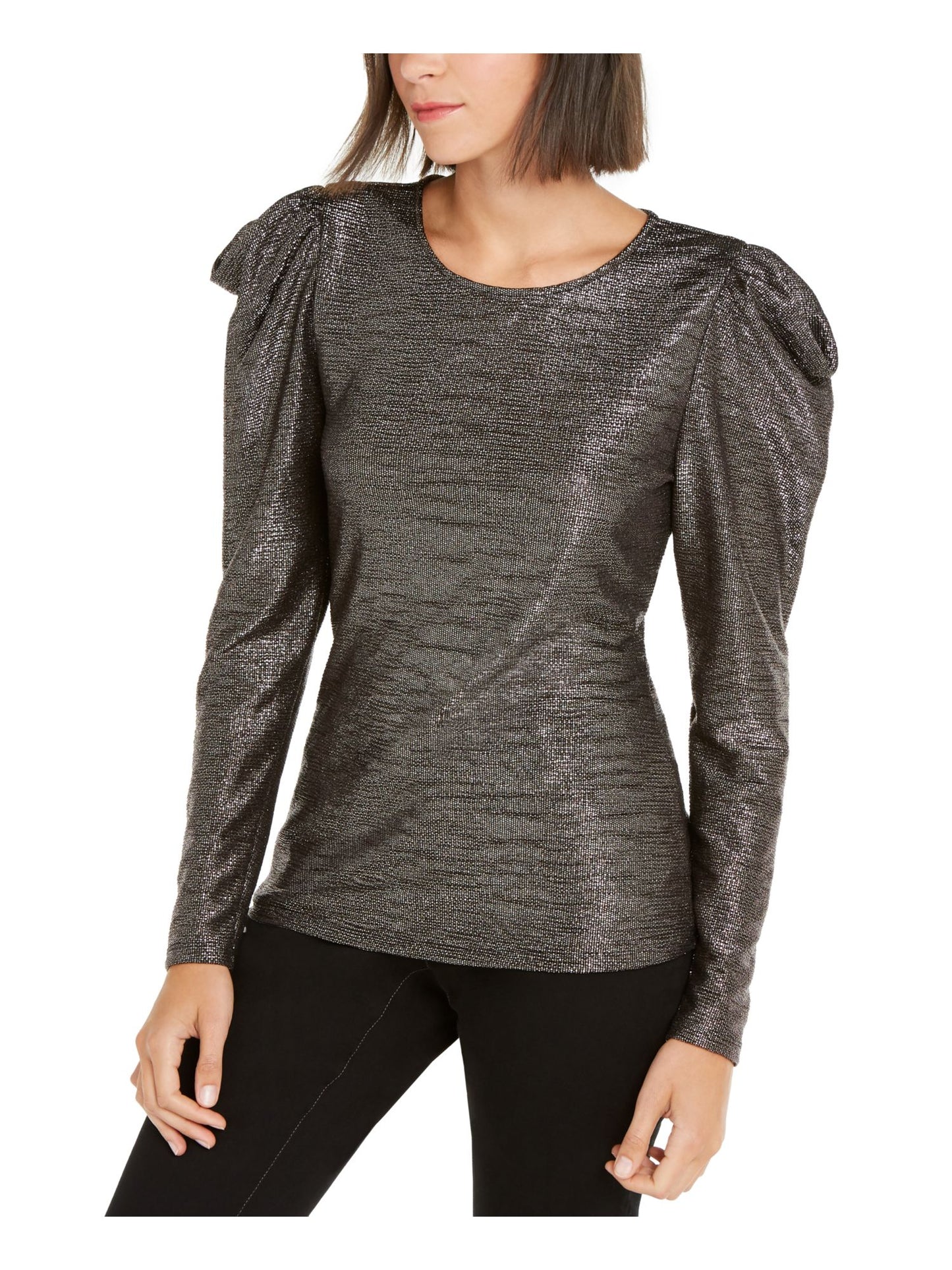 INC International Concepts Women's Solid Shiny Long Sleeve Crew Neck T-Shirt Party Top Black Size Medium