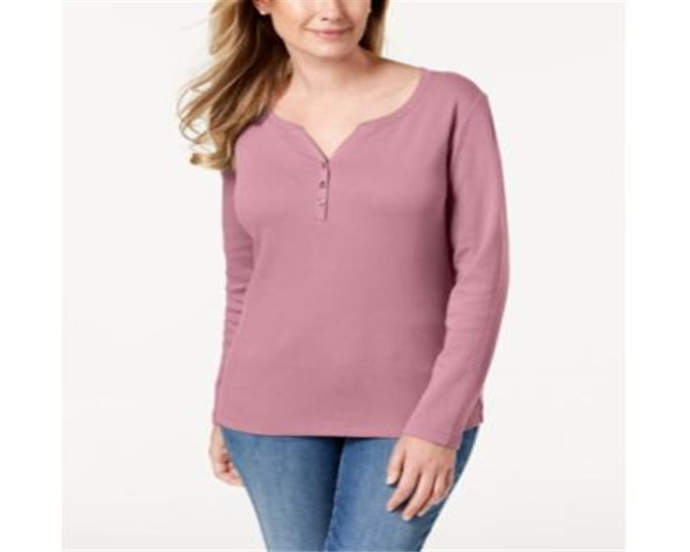 Karen Scott Women's Cotton Henley Top Pink Size Medium