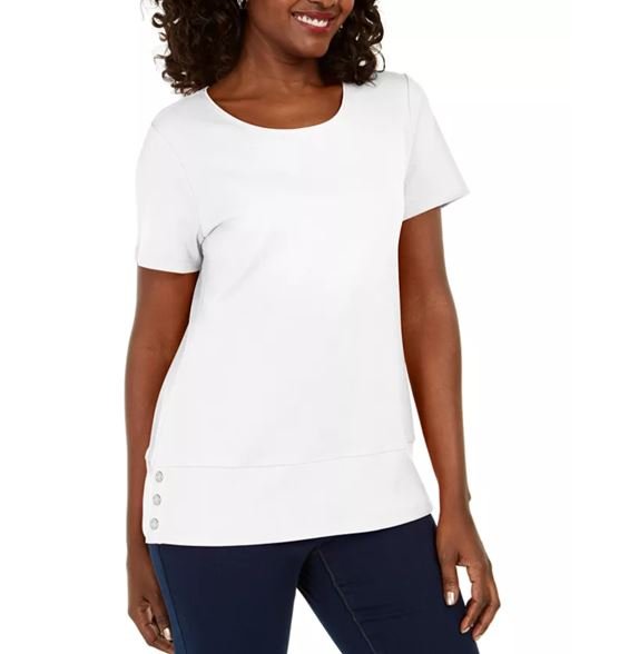 Karen Scott Women's Button Hem Scoop Neck Cotton Top White Size Large