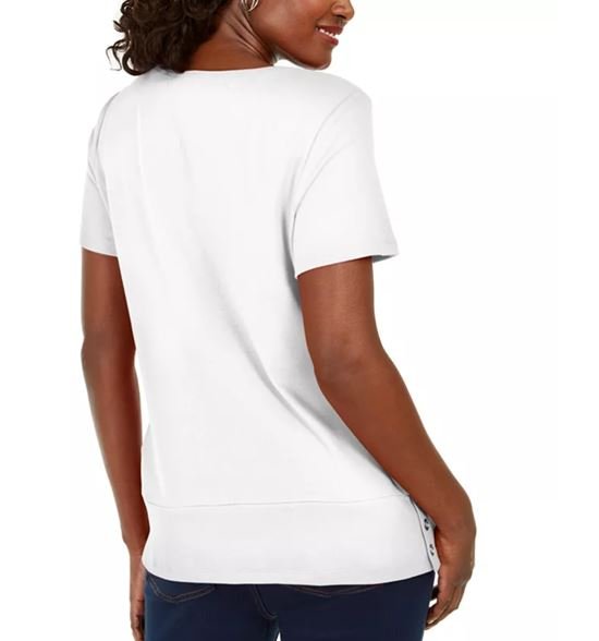 Karen Scott Women's Button Hem Scoop Neck Cotton Top White Size Large