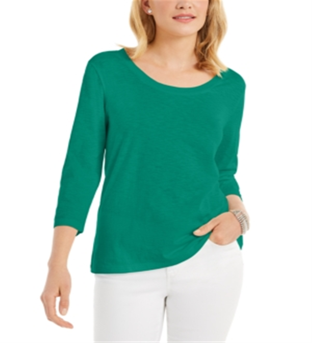 Style & Co Women's 3/4 Sleeve Scoop Neck Top Green Size Medium