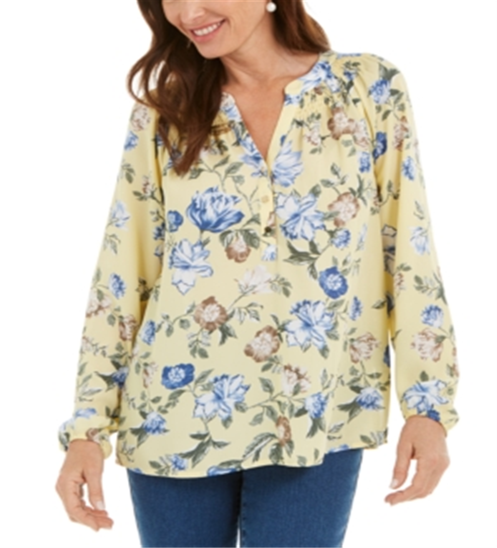 Charter Club Women's Floral Print Georgette Blouse Yellow Size Small