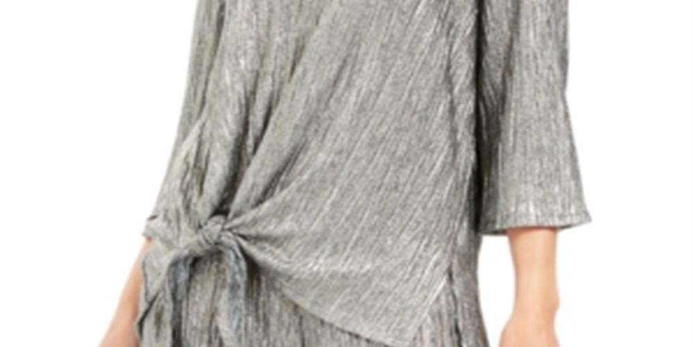 JM Collection Women's Metallic Crinkle Tie Hem Top Yellow Size Small