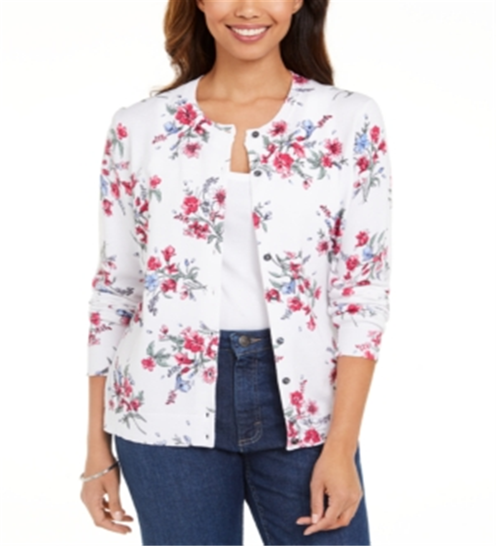 Karen Scott Women's Floral Print Button Cardigan White Combo -Size Small