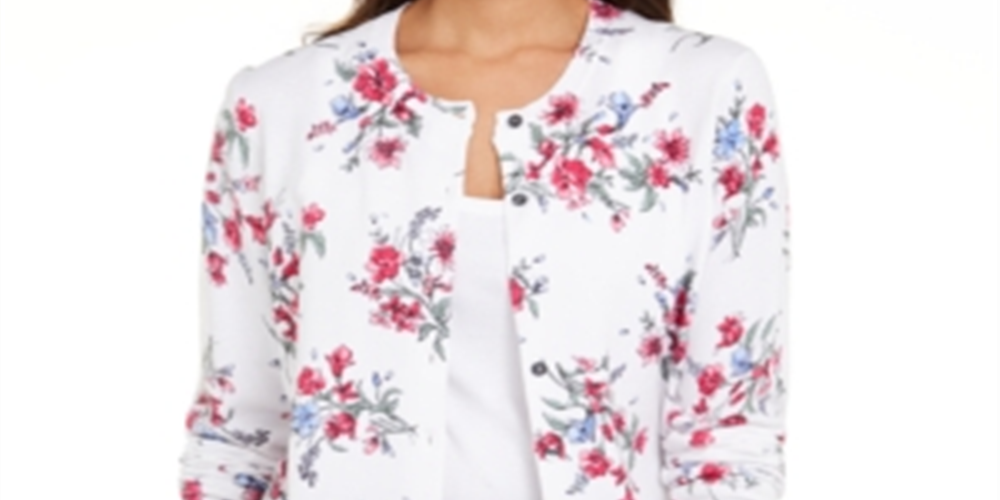 Karen Scott Women's Floral Print Button Cardigan White Combo -Size Small