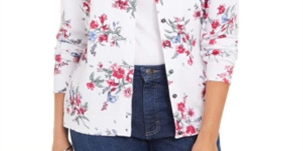Karen Scott Women's Floral Print Button Cardigan White Combo -Size Small