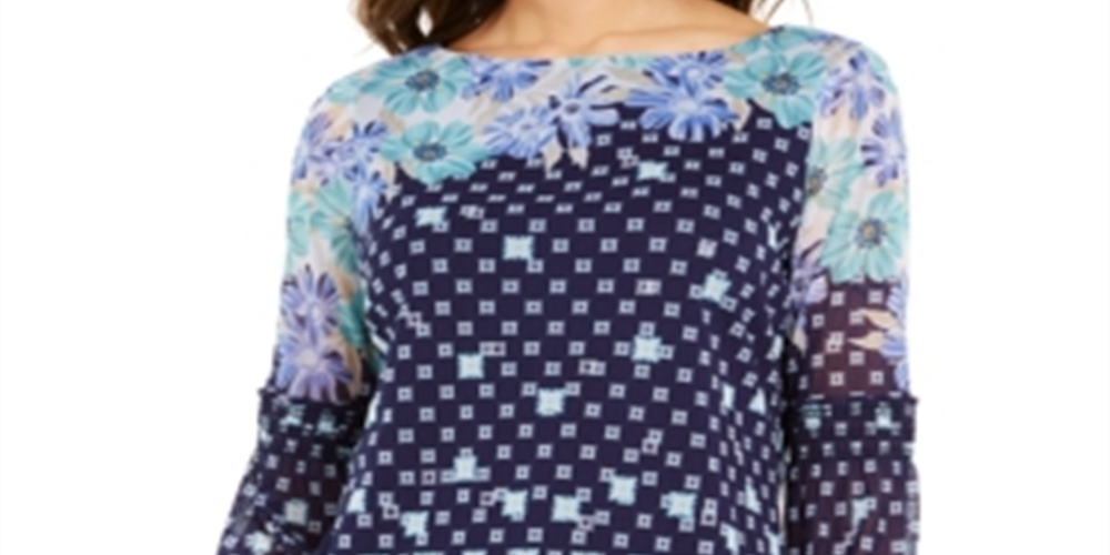 Charter Club Women's Printed Knit Mesh Top Blue Size Large