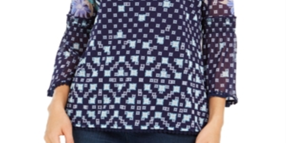 Charter Club Women's Printed Knit Mesh Top Blue Size Large