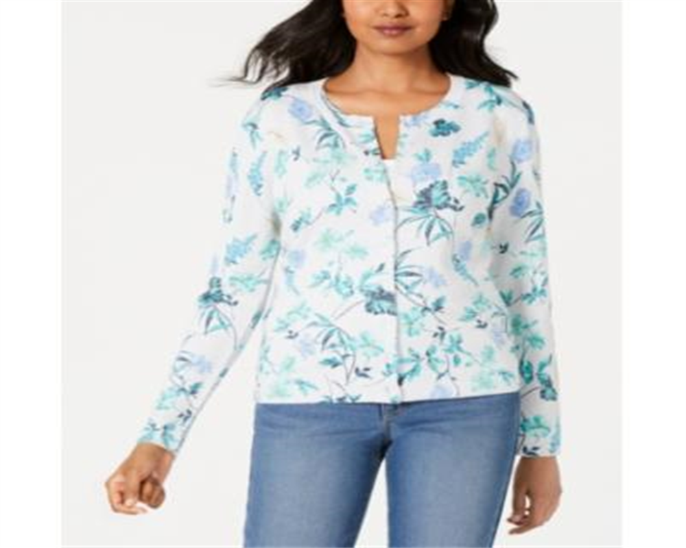 Charter Club Women's Floral Print Cardigan Platnium Floral Size Large