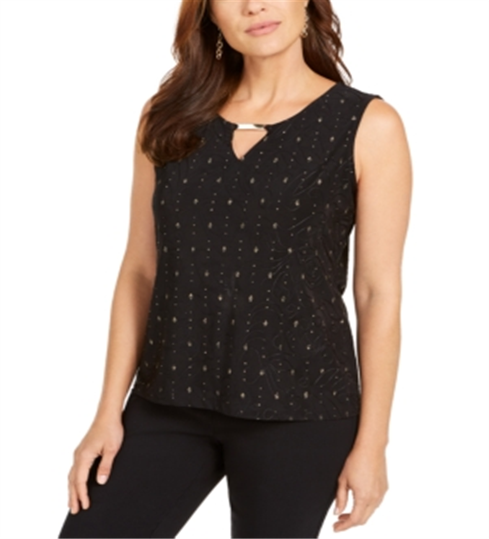 JM Collection Women's Jacquard Keyhole Top Black Size Petite S/M