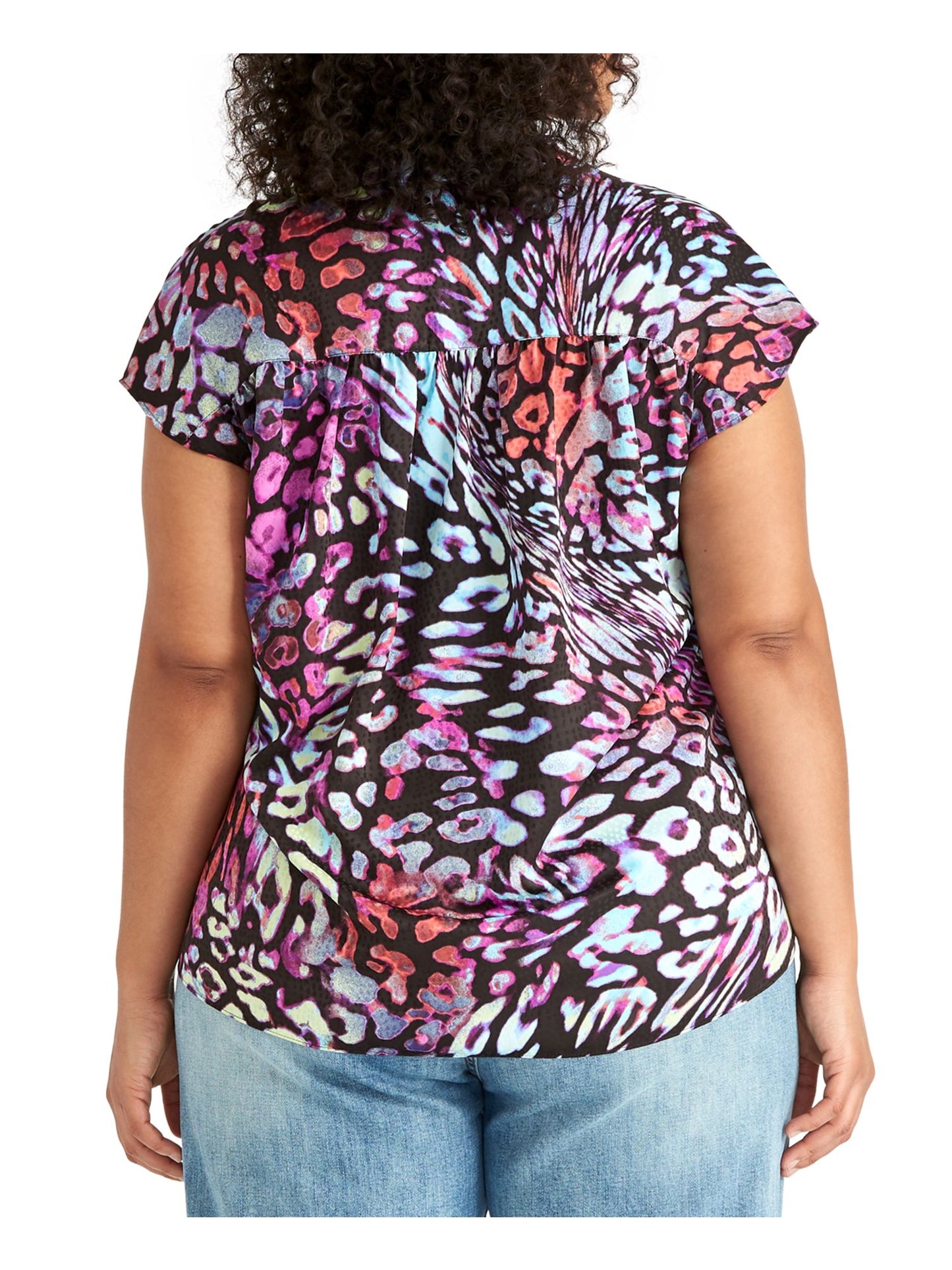 Rachel Roy Women's Patterned Cap Sleeve V Neck Top Black Size 3X