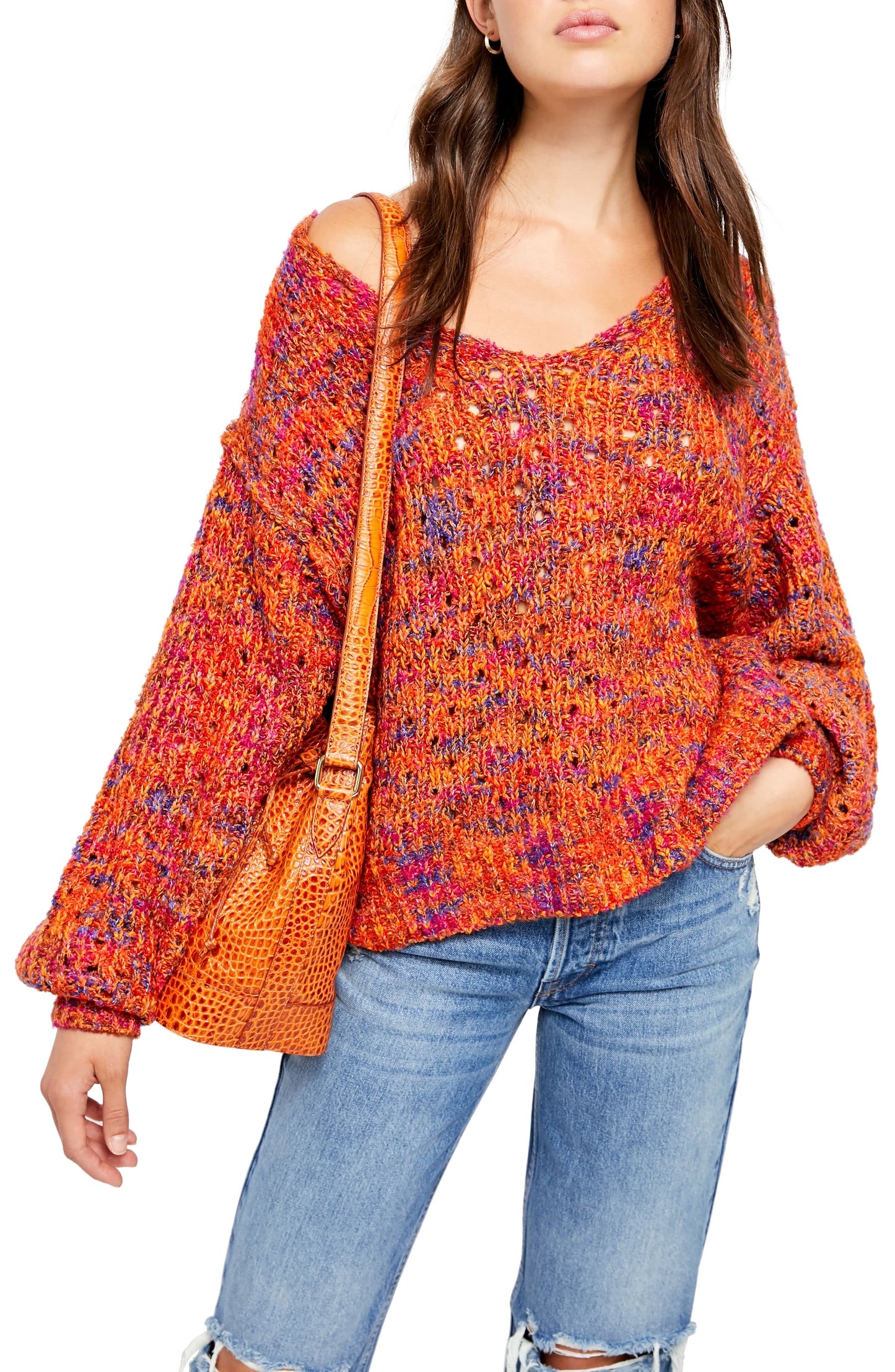 Free People Women's Long Sleeve V Neck Sweater Orange Size Small