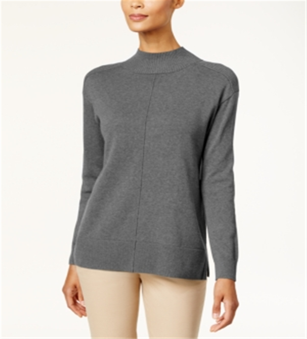 Karen Scott Women's Seam Detail Cotton Mock Neck Sweater Charcoal Size XX-Large