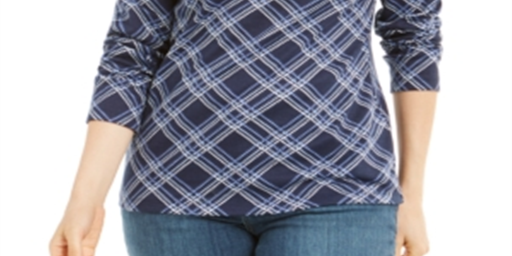 Karen Scott Women's Turtleneck Top Printed Plaid Blue Size Medium