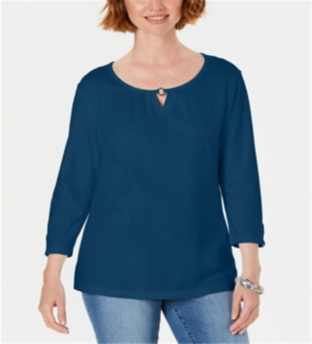 Karen Scott Women's Three Quarter Sleeve Top Blue Size Small