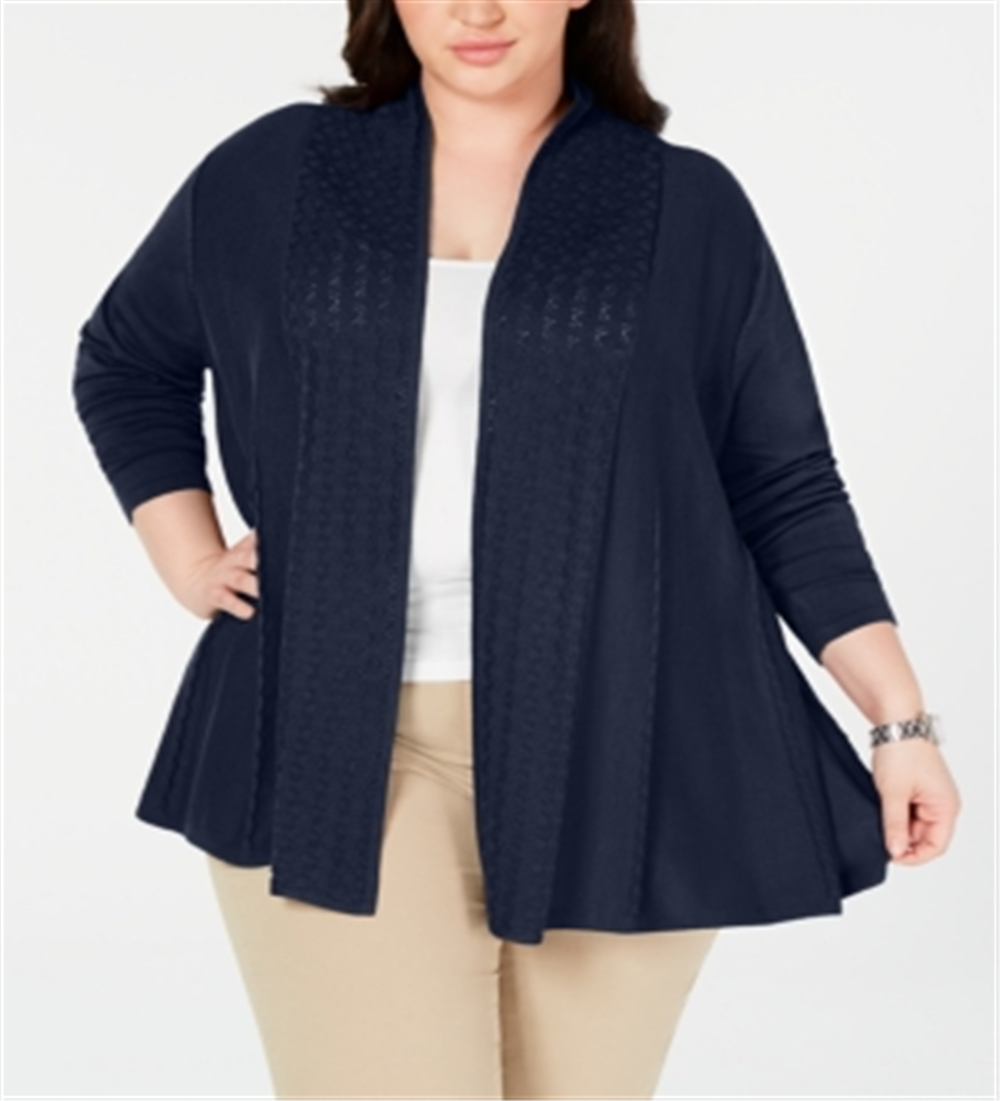 Karen Scott Women's Pointelle Trim Cardigan Sweater Blue Size 1X