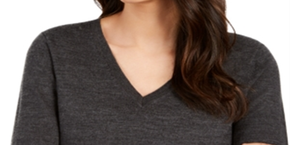 Charter Club Women's Merino Wool Button Cuff V Neck Sweater Gray Size Small