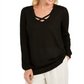 JM Collection Women's Lurex Lattice Neck Blouse Black Size Small