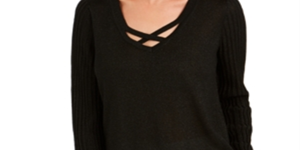 JM Collection Women's Lurex Lattice Neck Blouse Black Size Small