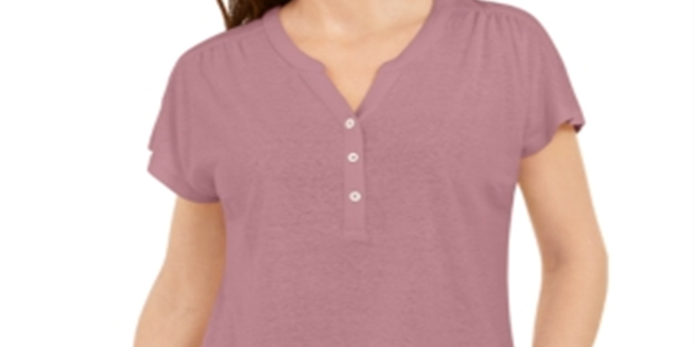 Style & Co Women's Dolman Sleeve Henley Linen Blend Top Purple Size Medium