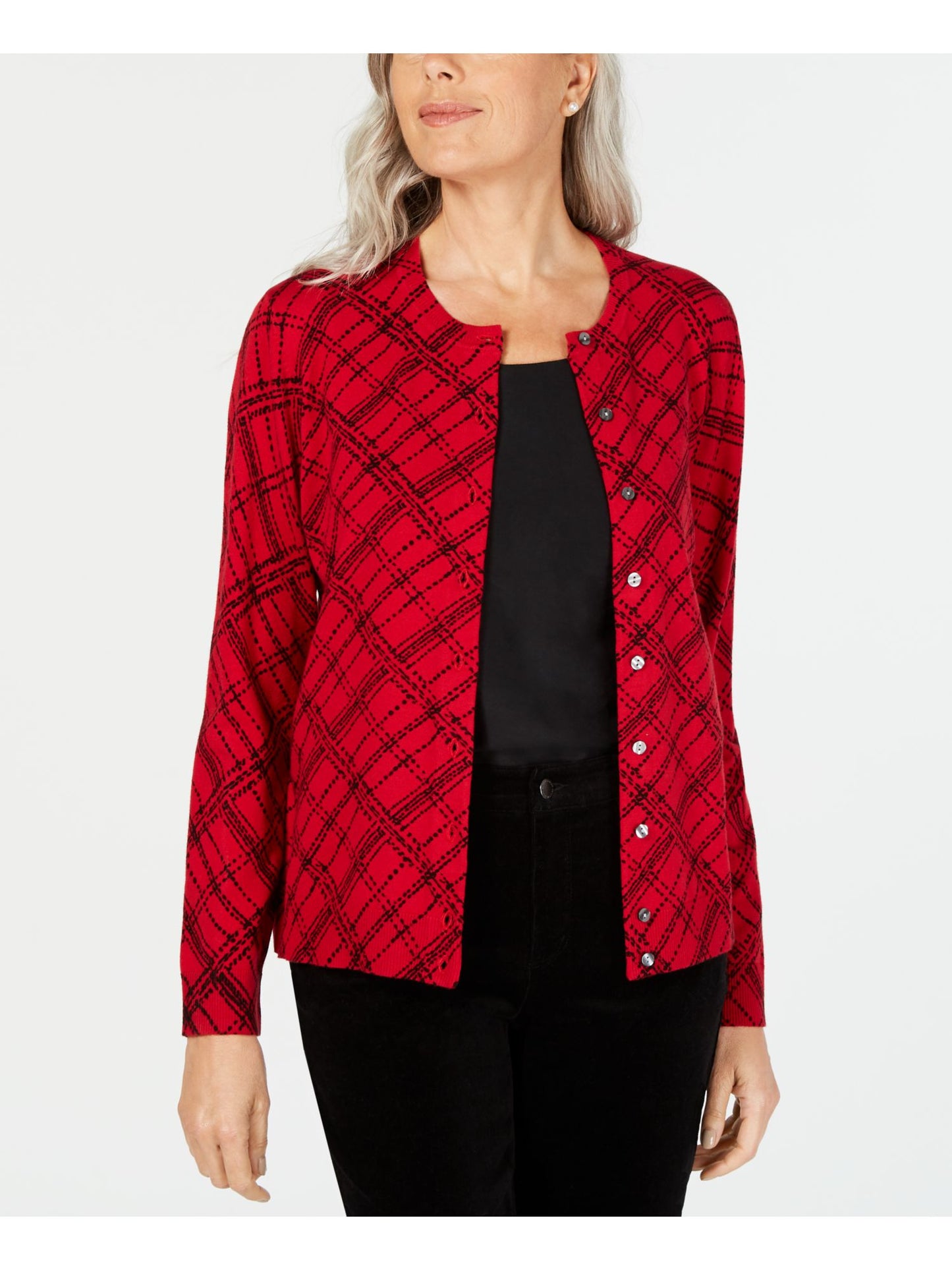 Karen Scott Women's Patterned Long Sleeve Button up Sweater Red Size Petite Small