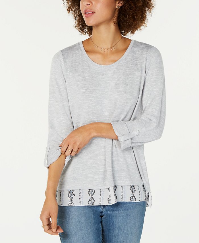 Style & Co Women's Layered-Look Roll-Tab Top Gray Size M