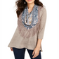Style & Co Women's Fringed Scarf Neck Top Blue Size Petite S