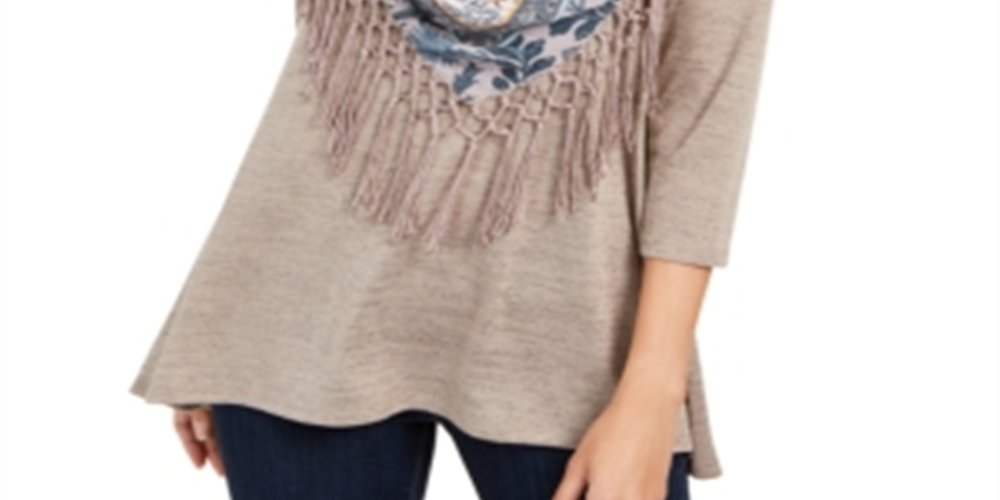 Style & Co Women's Fringed Scarf Neck Top Blue Size Petite S