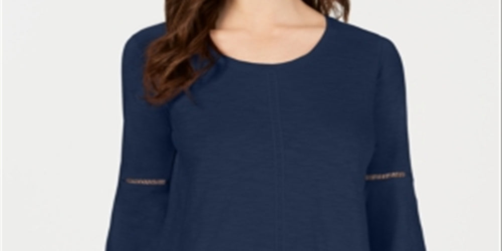 Style & Co Women's Crochet Trim Bell Sleeve Top Blue Size Medium