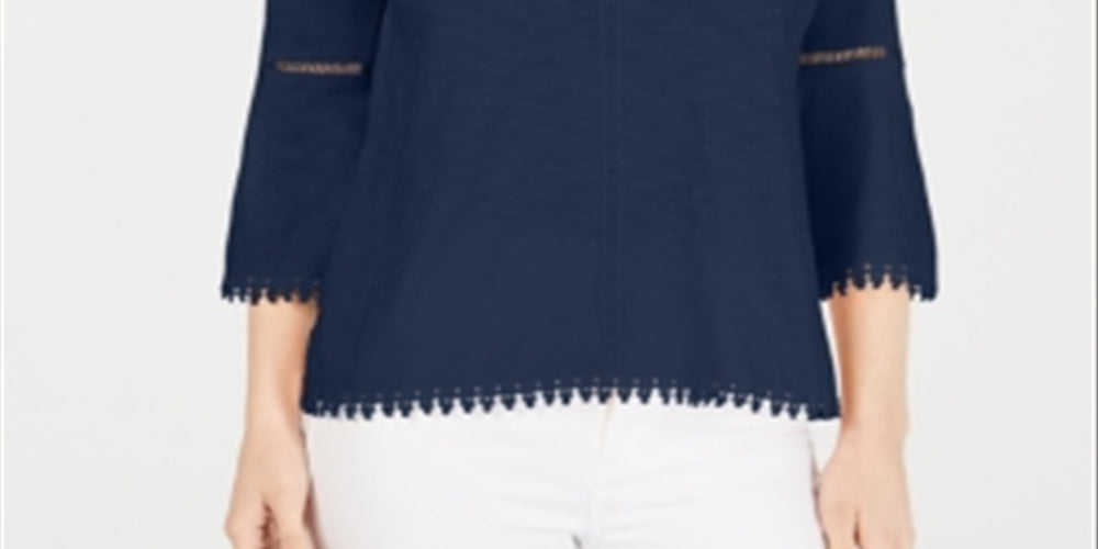 Style & Co Women's Crochet Trim Bell Sleeve Top Blue Size Medium