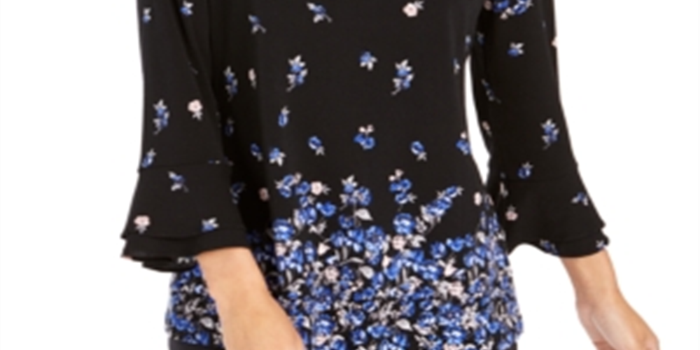 Charter Club Women's Ruffle Cuff Top Blue Combo Size Petite S/M