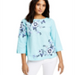 Charter Club Women's Floral Embroidered Linen Blend Top Blue Size Petite Medium