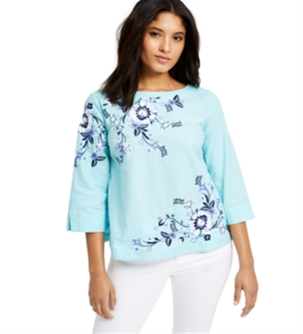 Charter Club Women's Floral Embroidered Linen Blend Top Blue Size Petite Medium