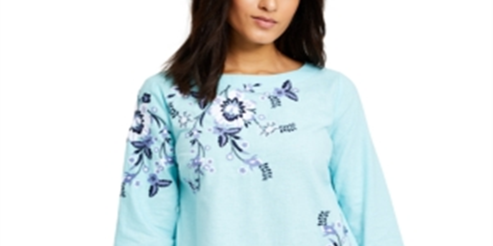 Charter Club Women's Floral Embroidered Linen Blend Top Blue Size Petite Medium