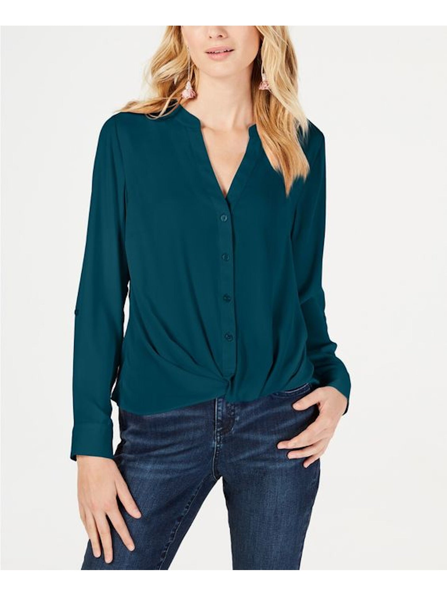 INC International Concepts Women's Long Sleeve V Neck Button up Top Green Size Petite X-Large