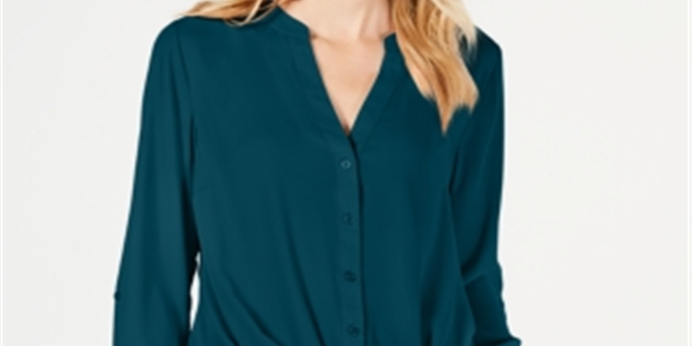 INC International Concepts Women's Long Sleeve V Neck Button up Top Green Size Petite X-Large