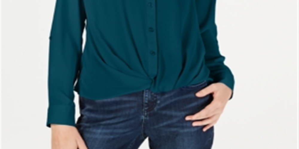 INC International Concepts Women's Long Sleeve V Neck Button up Top Green Size Petite X-Large